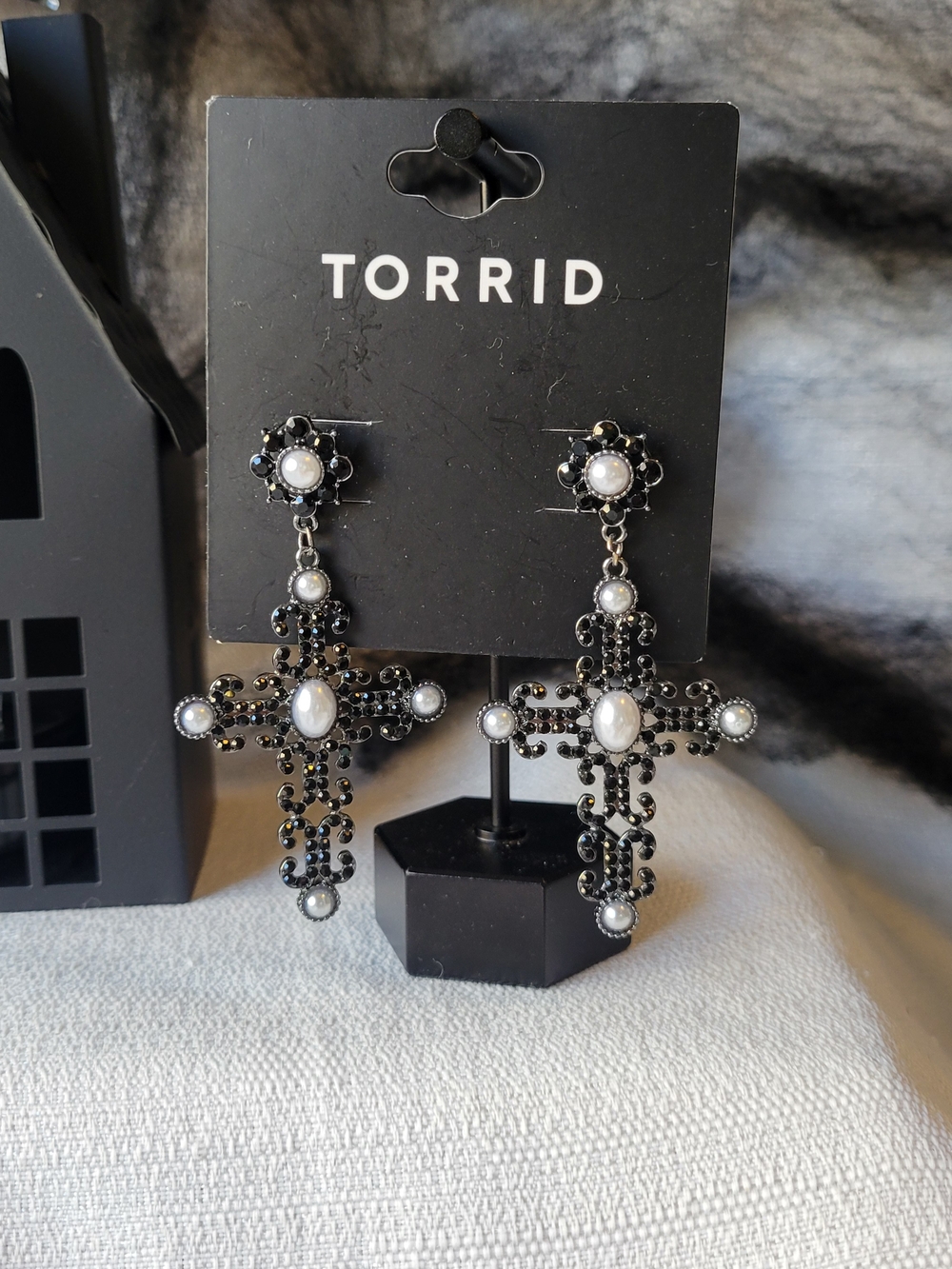 Torrid Black and Pearl Cross Dangle Earrings